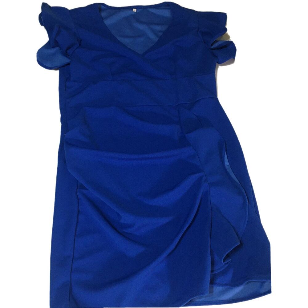 Hoefirm Deep V Neck Ruffle Sleeves Bodycon Ruched Pencil Sheath Midi Dress